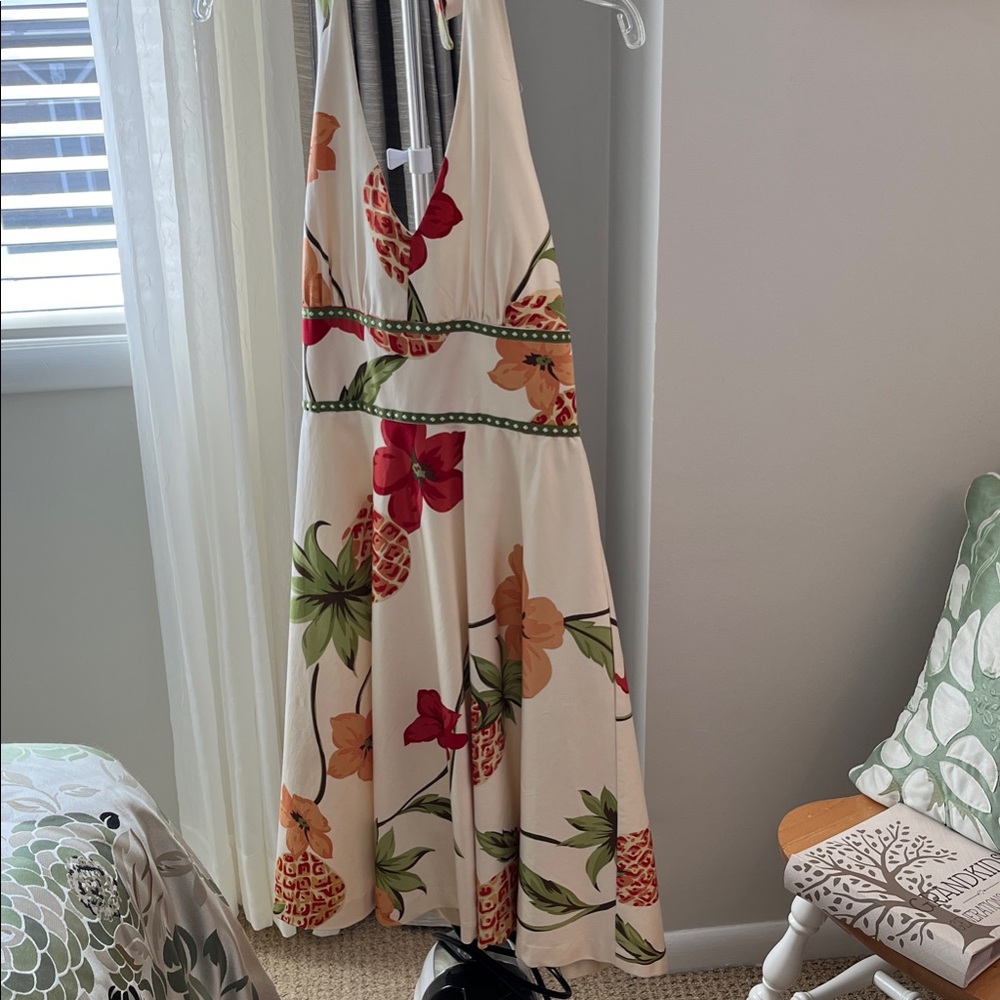 Donna Ricco Cream Floral Asymmetrical Halter Dress with Red & Green Accents